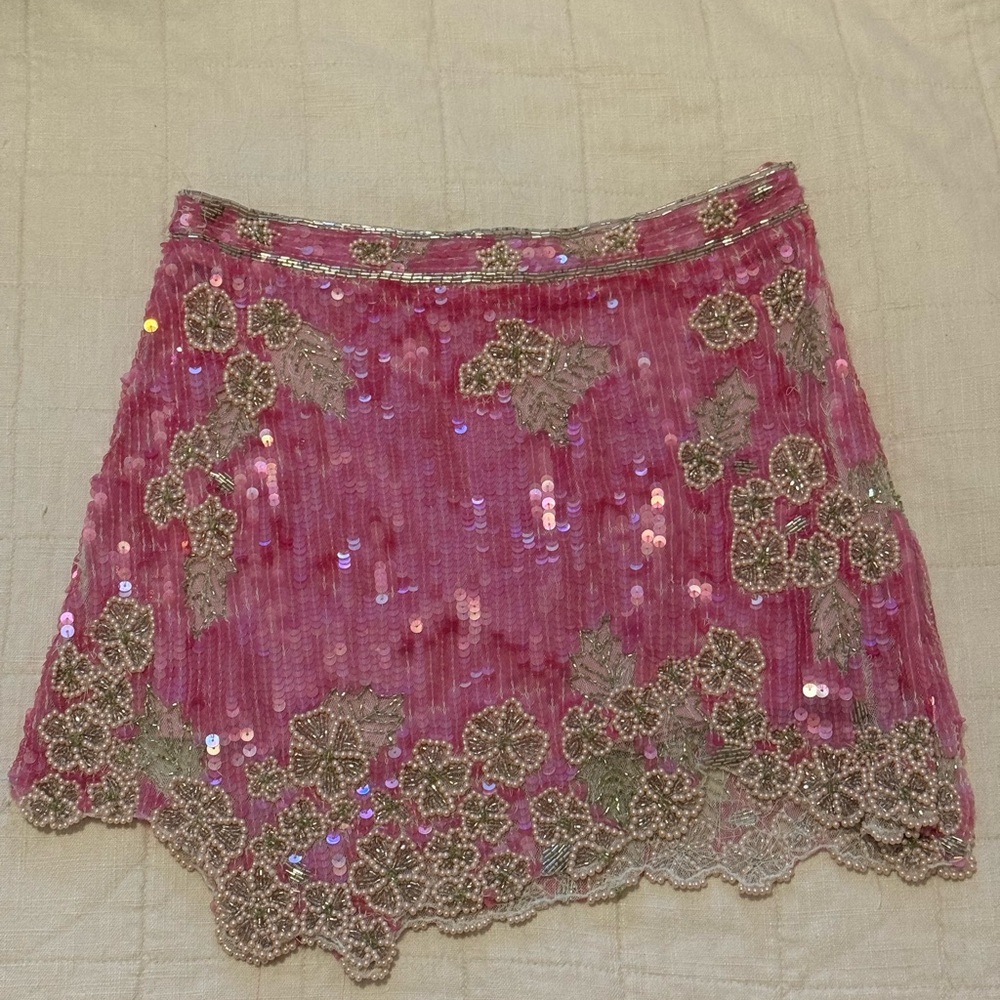 LoveShackFancy Pink Sequin Beaded Mini Skirt
